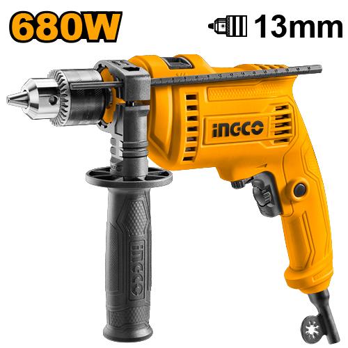 INGCO 680W Variable Speed Impact Drill (ID6808) – 13mm Keyed Chuck with Hammer & Drill Dual Modes, 0-3000rpm No-Load Speed, Forward/Reverse Switch, Includes Auxiliary Handle & Depth Gauge