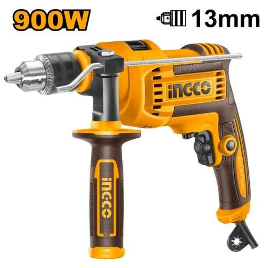 INGCO 900W Variable Speed Impact Drill (ID9008) – 13mm Keyed Chuck with Hammer Function, 0-2800rpm No-Load Speed, Forward/Reverse Switch, Includes 1 Set Extra Carbon Brushes