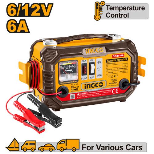 INGCO 6A Portable Lead-Acid Battery Charger (ING-CB1501) – Selectable 6V/12V Charging Output, Supports 40-90Ah Battery Capacities, Features Class H Heat Insulation & Built-in Circuit Protection