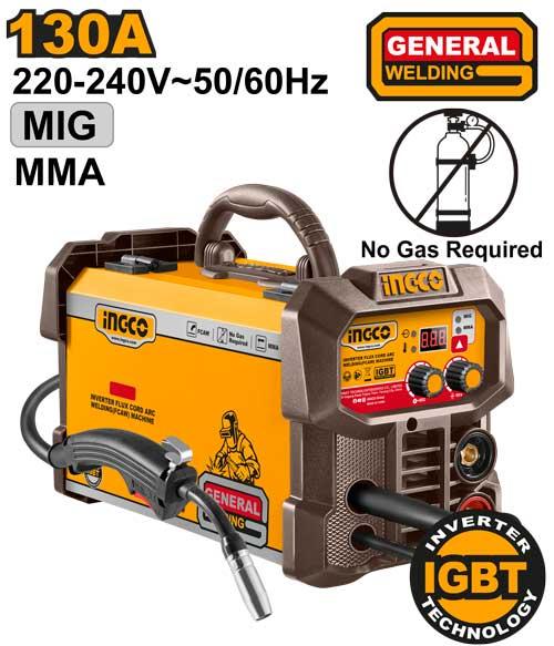 INGCO 130A Inverter Flux-Cored Arc Welding (FCAW) Machine (ING-FC13018) – Gasless MIG & MMA Dual Functions, Built-In Wire Feeder for 0.8/0.9mm Flux Wire, Includes 0.45kg Wire Spool & Earth Clamp