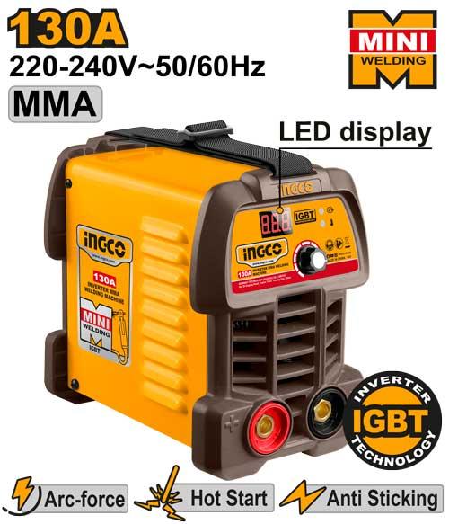 INGCO 130A Inverter MMA Welding Machine (ING-MMA13049) – Super Mini IGBT Technology with Digital Display, Hot Start & Anti-Stick for Easy Portable Welding, Includes Electrode Holder & Earth Clamp
