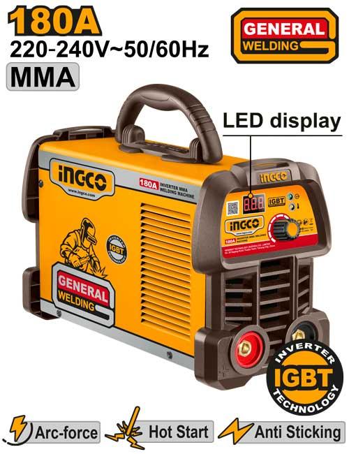 INGCO 180A Inverter MMA Welding Machine (ING-MMA18059) – IGBT Technology with LCD Digital Display, Lift TIG Capability & Smart Fan Cooling, Includes Electrode Holder & Earth Clamp