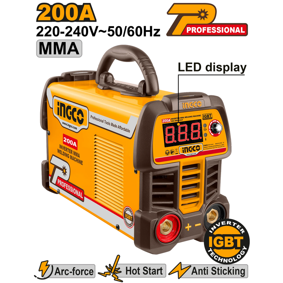 INGCO 200A Inverter MMA Welding Machine (ING-MMA20069) – IGBT Technology with Digital LED Display, Arc-Force & Hot Start for Smooth Stick Welding, Includes Electrode Holder & Earth Clamp