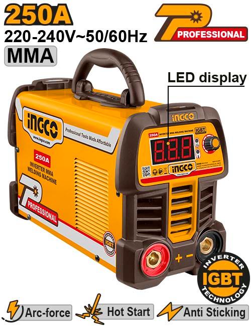 INGCO 250A Inverter MMA Welding Machine (ING-MMA25069) – IGBT Technology with Digital LED Display, Arc-Force, Hot Start & Anti-Stick, Includes Electrode Holder & Earth Clamp