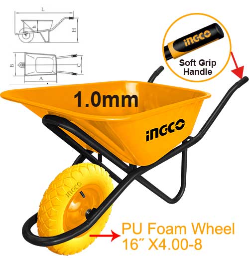 Ingco 140kg Industrial Wheelbarrow | Heavy-Duty 65L Steel Tray Construction Site Cart with 16-Inch Solid Wheel and Three-Tone Soft Grip Handle (HHWB4010D)