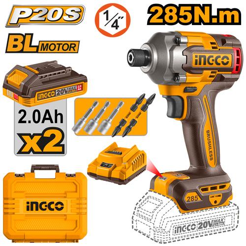 INGCO 20V Cordless Impact Driver 285NM, Brushless Motor, Variable Speed Control 1600/1900/2600RPM, 2900BPM with LED Work Light, 2Pcs 2.0Ah Battery and 1Pcs Charger, Packed by Carrying Case CIRLI2028