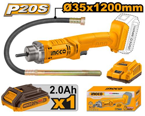 INGCO 20V Lithium-Ion Handheld Concrete Vibrator (CCVLI2023011) – 2300RPM Performance, Includes 2.0Ah Battery, Optimized for High-Efficiency Air-Bubble Removal and Superior Concrete Finishing in Professional Construction Applications.