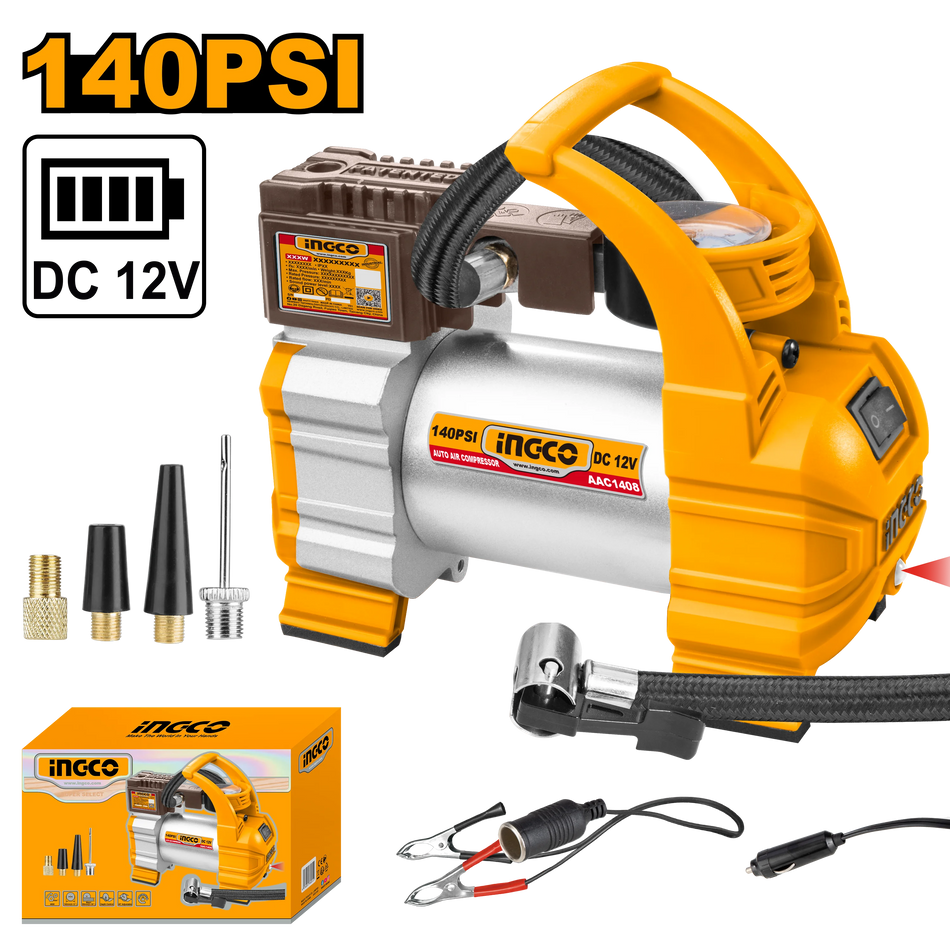 INGCO 12V Heavy Duty Car Air Compressor 140PSI | Portable Tyre Inflator with LED Light - AAC1408