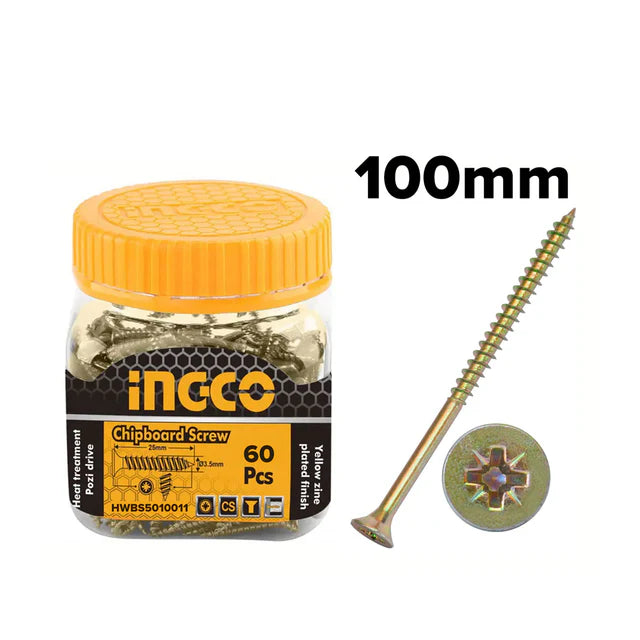 Ingco ST5.0x100mm Yellow Zinc Chipboard Screws (HWBS5010011) – High-Performance Heat-Treated Countersunk Wood Fasteners