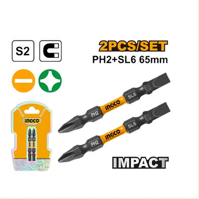 Ingco 2-Piece Industrial Impact Screwdriver Bit Set | 65mm Double-Ended PH2 & SL6 Magnetized Bits with High-Flex Torsion Zone Layout (SDBIM72HL665)