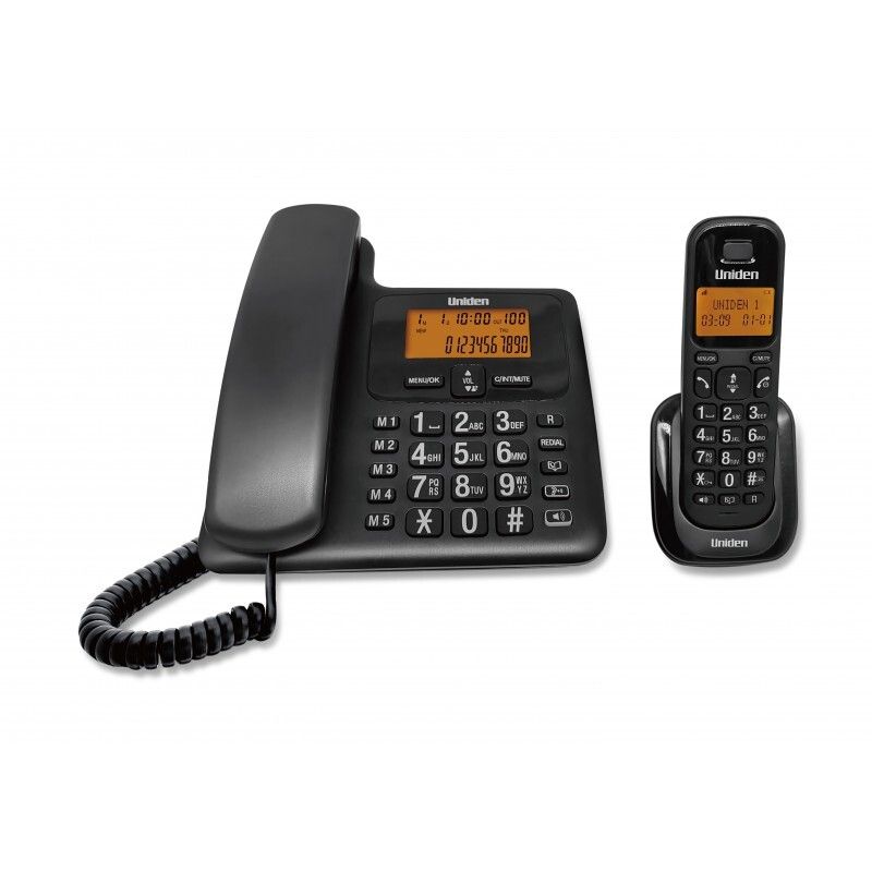 Uniden AT4505 Cordless + Corded Combo Phone System (Big Screen, Oversized Keypad, Hands-Free Speakerphone, Black)