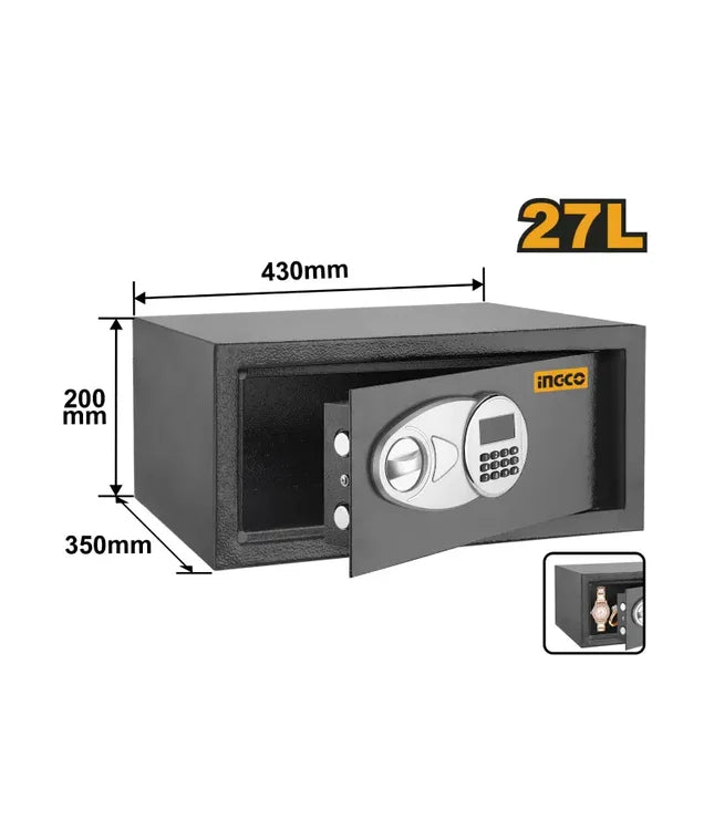 INGCO 27L Electronic Digital Safe Box (Coffre-Fort Électronique) – 20 x 43 x 35cm, 4mm Heavy Door Panel, 3–8 Digit Programmable Passcode, Dual Emergency Override Keys, and Mounting Bolts (ESF3502)