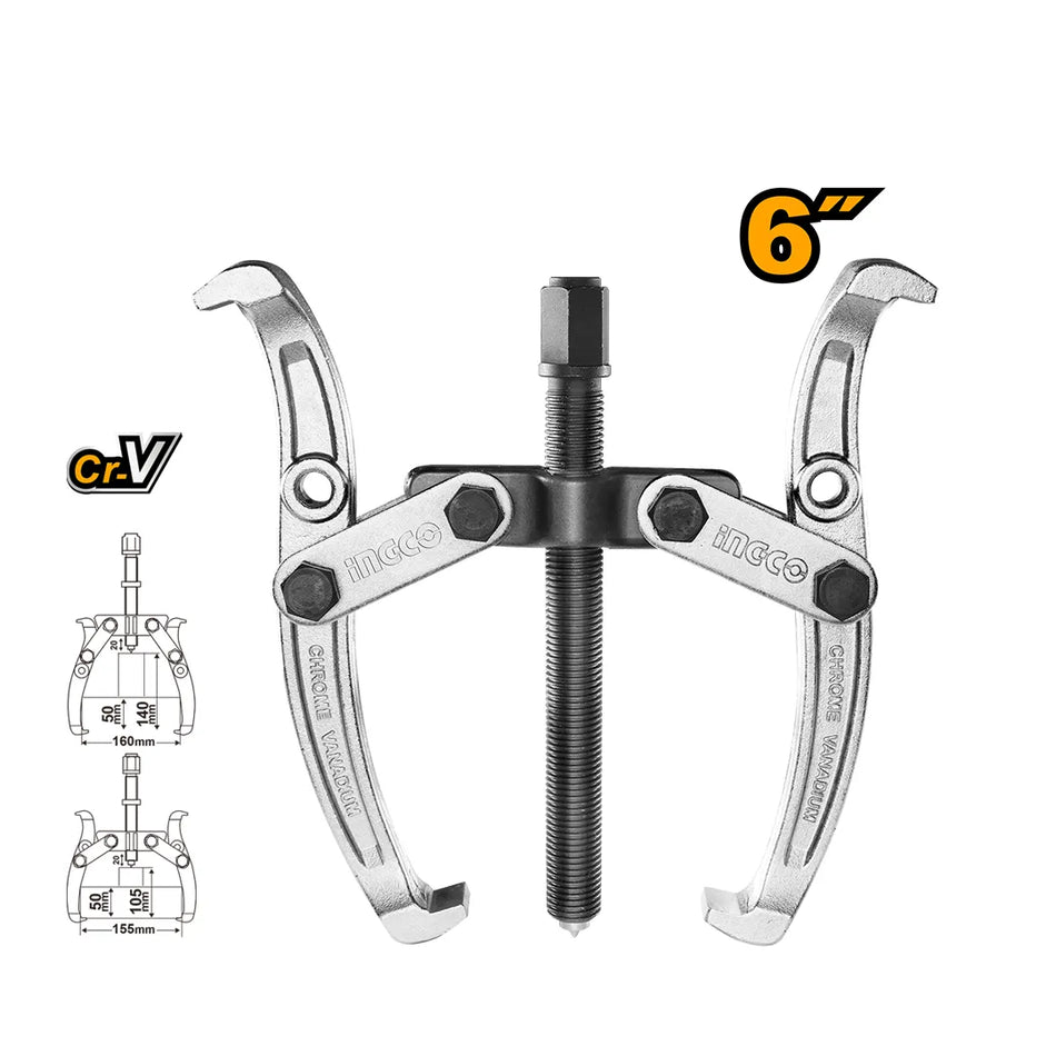 INGCO 6" (150mm) Two-Jaw Mechanical Gear & Bearing Puller – Drop-Forged Heat-Treated Cr-V Steel, 5000kg (5-Ton) Capacity, and Chrome-Plated Corrosion Protection (HGP08026)