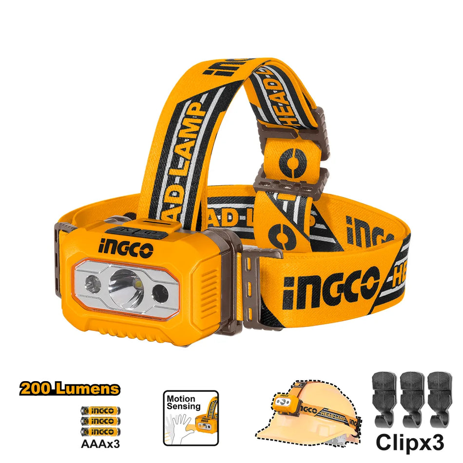 INGCO 200-Lumen High-Intensity LED Headlamp (Lampe Frontale à Piles) – 91m Max Beam Distance, Dual Brightness Settings (100LM/200LM), IPX4 Weather Resistance, Adjustable Head Strap, and 3x AAA Battery Powered (HHL013AAA8)