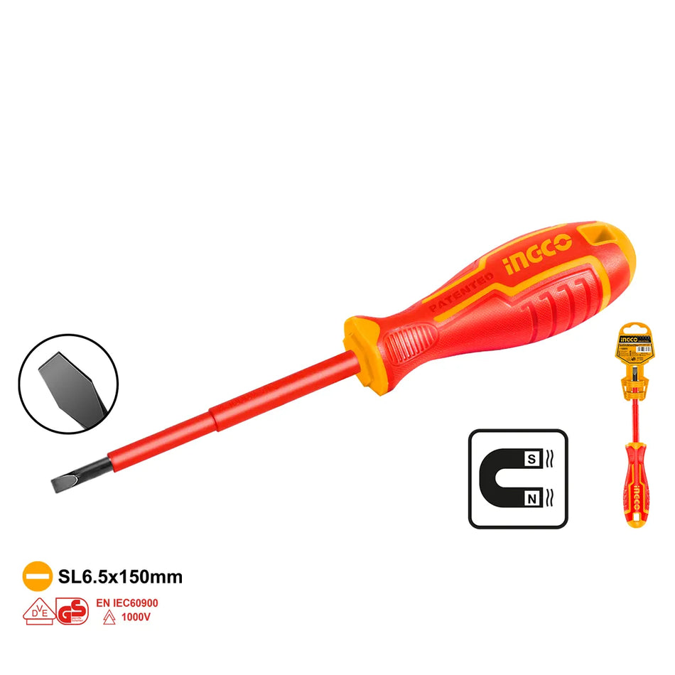Ingco 1000V Insulated Professional Screwdriver – Heavy-Duty Industrial Slotted Flat-Head VDE Certified Electrician Hand Tool with Magnetic Tip – HISD816150