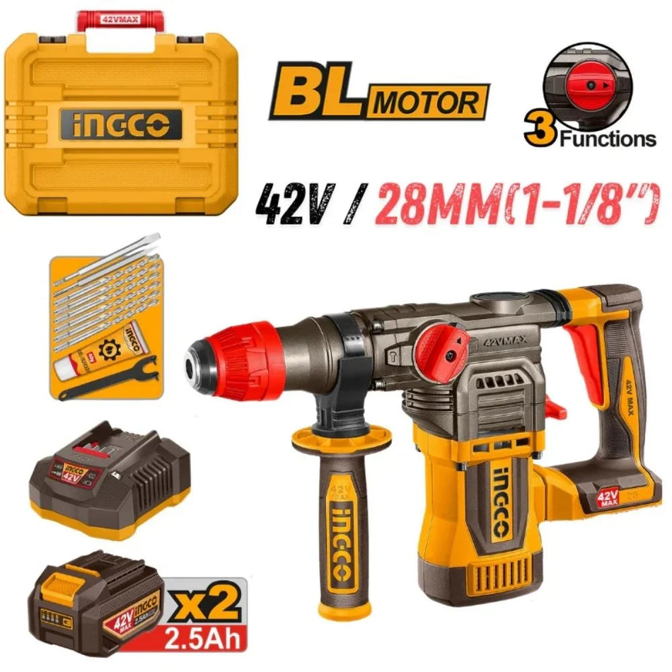 Ingco 42V Max Industrial Brushless SDS-Plus Cordless Rotary Hammer Drill Kit (CRHLI422882) – High-Impact 4.5J Demolition & Masonry Breaker Combo with 2x 2.5Ah Batteries & Complete Accessory Set