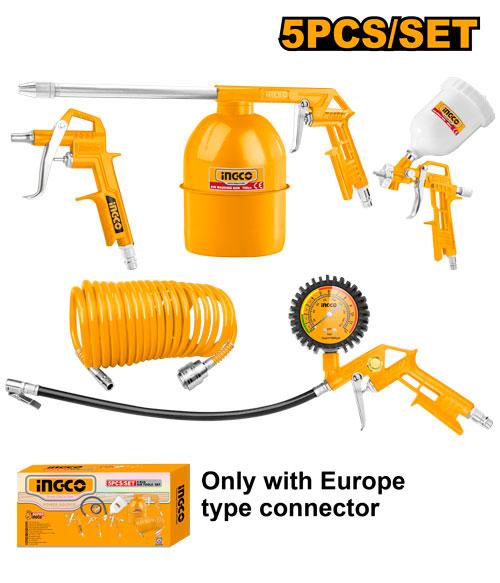 INGCO 5 Pcs air Tools Set, Includes 4m Recoil Hose, Air Washing Gun, Air Spray Gun, Air Tire Inflating Gun, Nitto Type Connector, Suitable for Beauty and Maintenance of Various Cars or Handicrafts AKT0053