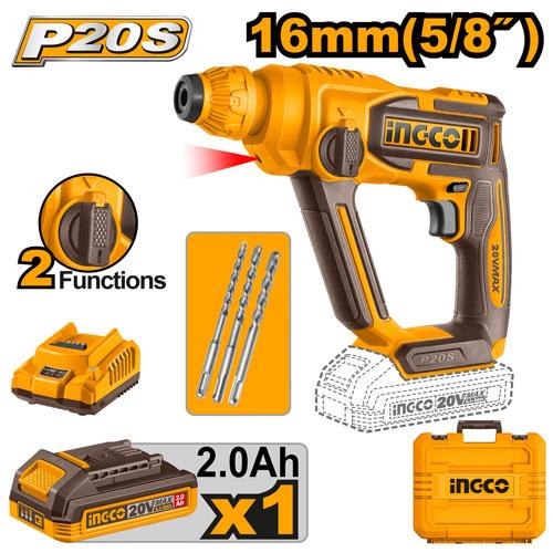 INGCO Cordless Rotary Hammer (CRHLI201681) – 16mm Drilling Capacity, High-Performance Motor, Multi-Function Mode Selector, Lightweight and Ergonomic Design, Optimized for Precision Masonry and Concrete Drilling Applications.