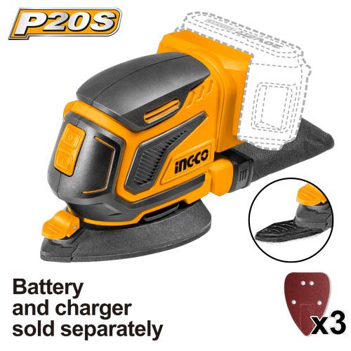 INGCO 20V Lithium-Ion Palm Sander (CDSLI2051) – Ergonomic Compact Design, Includes 3pc Sanding Sheet Set, Engineered for Precise Surface Smoothing and Efficient Finishing in Professional Woodworking.