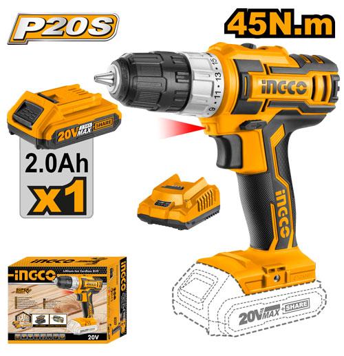 INGCO 20V Lithium-Ion Cordless Drill/Driver (CDLI20024) – High-Performance Motor, Ergonomic Grip, Includes Battery and Charger, Engineered for Reliable Screwdriving and Drilling in Professional and Household Projects.
