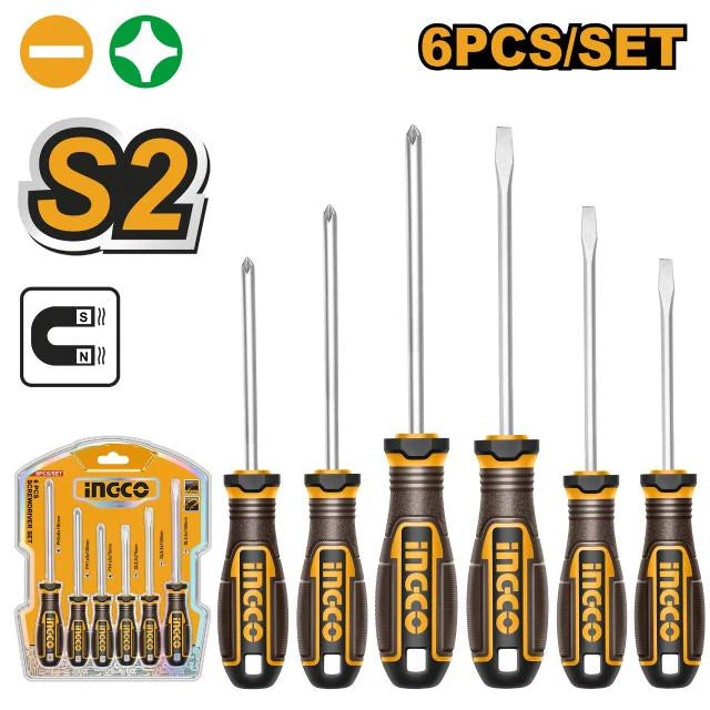Ingco 6-Piece Industrial Screwdriver Set | Premium S2 Alloy Steel Slotted & Phillips Magnetized Drivers with Ergonomic Soft Grip Handle Layout (HKSDS0628)