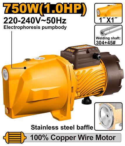INGCO 750W 1.0 HP Automatic Jet Water Pump (JP075068) – 1" x 1" Pipe Inlet/Outlet with 50L/min Max Flow for Clean Water Booster Systems, Includes Pressure Switch