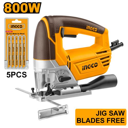 INGCO 800W Jig Saw (JS80028) – 4-Stage Pendulum Action / 135mm Wood Cutting Capacity with Variable Speed, Includes 5pcs Jig Saw Blades & Dust Tube
