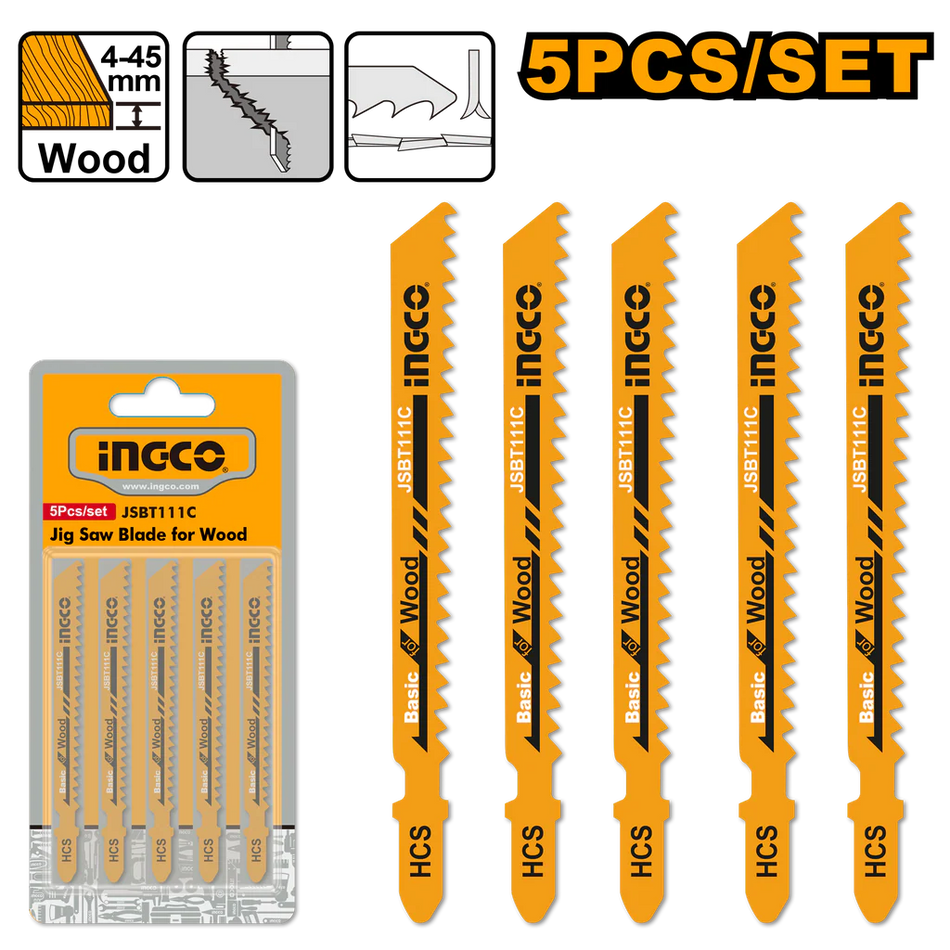 Ingco 5-Piece Professional Wood Jigsaw Blade Set - 100mm 8 TPI High-Carbon Steel T-Shank Blades for Clean Woodworking and Timber Cutting (JSBT111C)