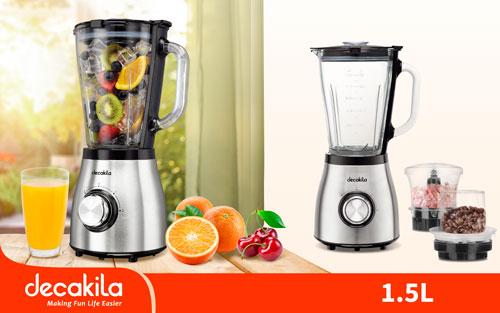 Decakila 600W Heavy-Duty Stainless Steel Stand Blender | 1.5L Premium Glass Jug Smoothie Maker with Grinder & Chopper Attachments (KEJB006M)