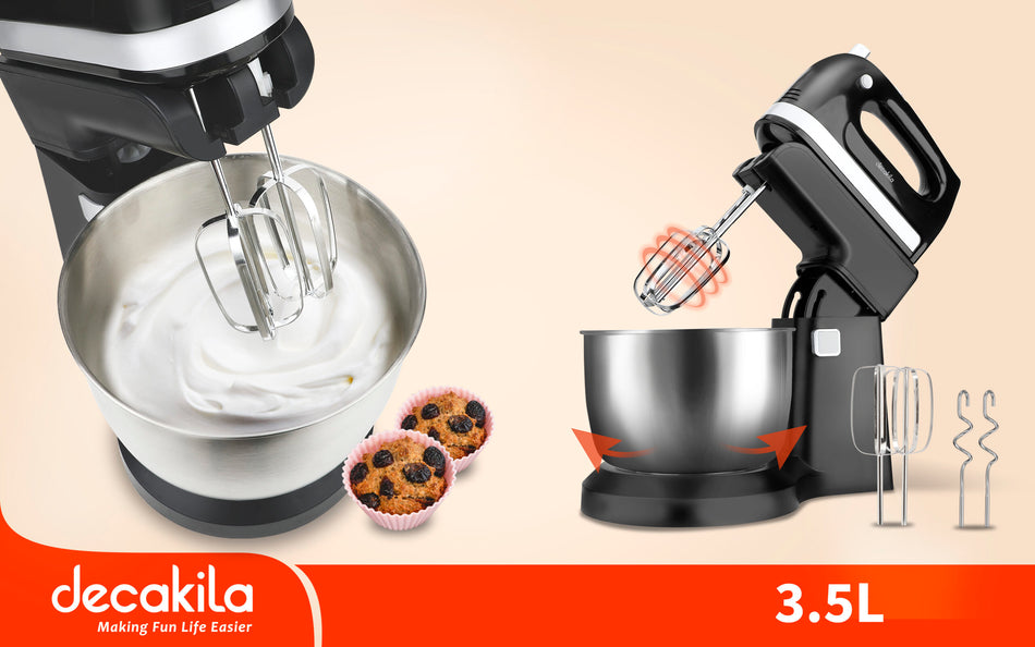 Decakila 250W 5-Speed Electric Stand Mixer | 3.5L Stainless Steel Auto-Rotating Bowl Mixer with Beaters & Dough Hooks (KEMX012B)