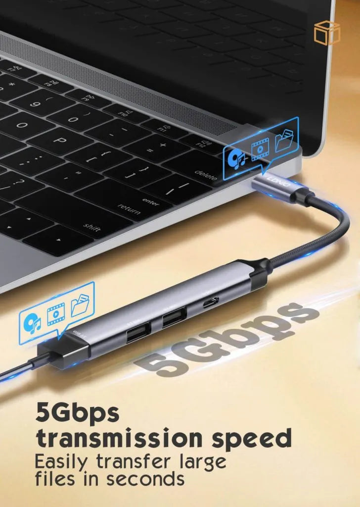 LDNIO DS-74U | 4-in-1 Mini USB-A Multi-Function Docking Station (12cm Travel Cable) | 1x USB 3.0 + 3x Type-C High-Speed Expansion