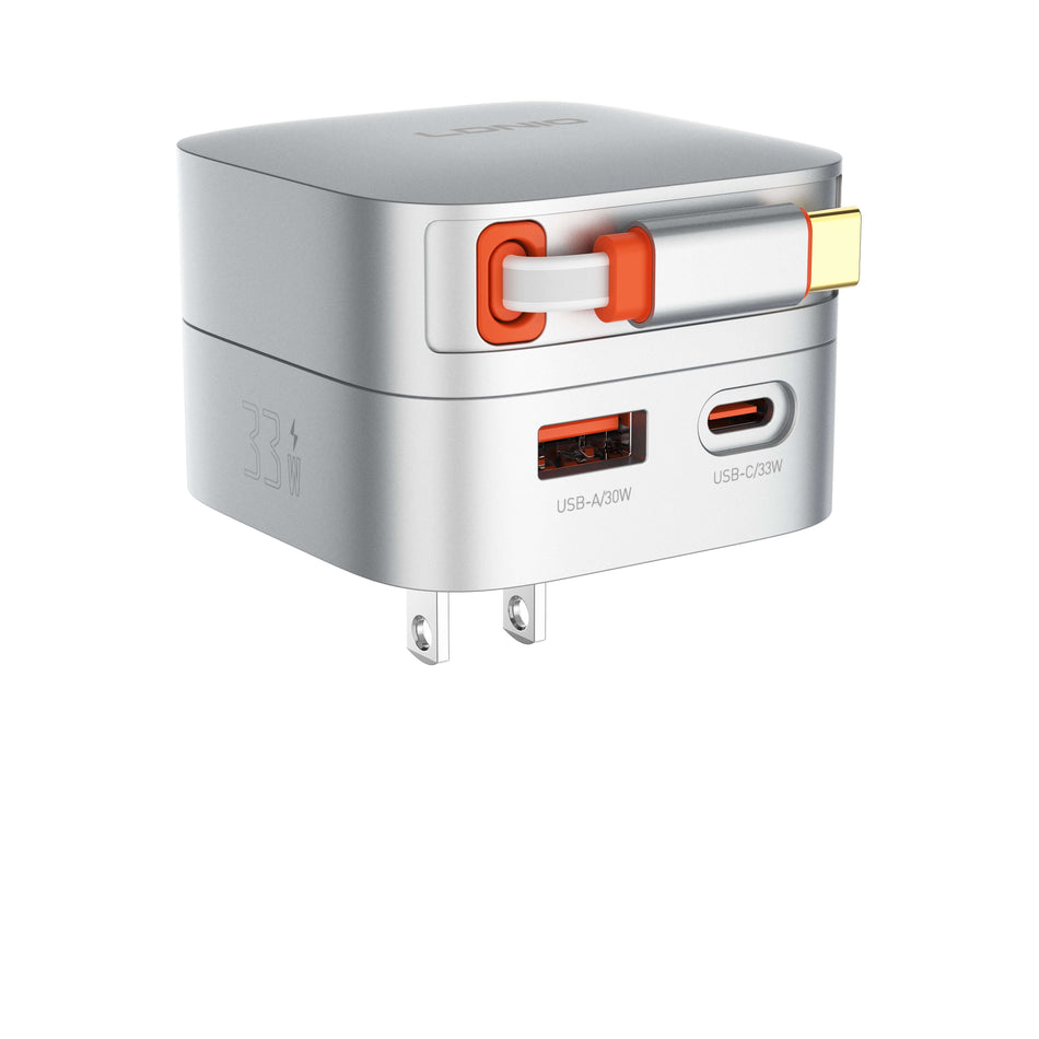 LDNIO Q9 33W GaN Travel Charger with Built-In Retractable USB-C Cable (US/EU/UK Interchangeable Plugs)