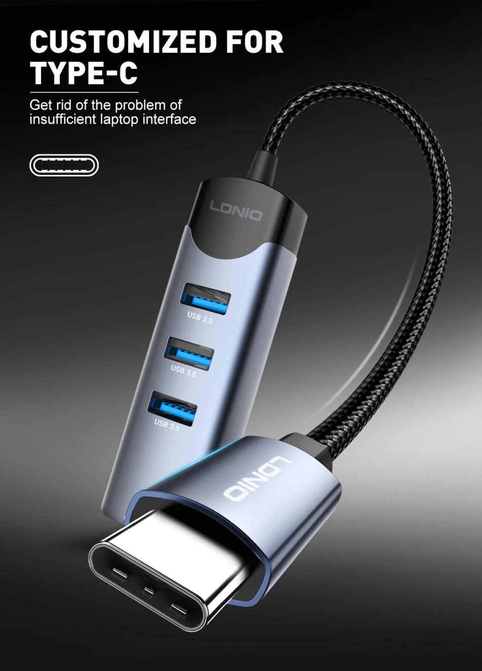 LDNIO DS-144C | 4-in-1 Type-C Hub (14cm) | 3x USB 3.0 + RJ45 Ethernet