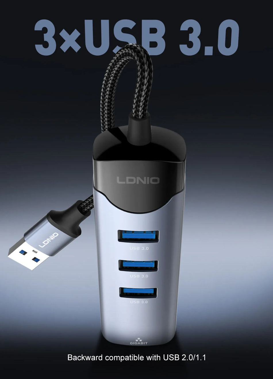 LDNIO DS-144U | 4-in-1 USB-A Network Hub (14cm) | 3x USB 3.0 + RJ45 Ethernet
