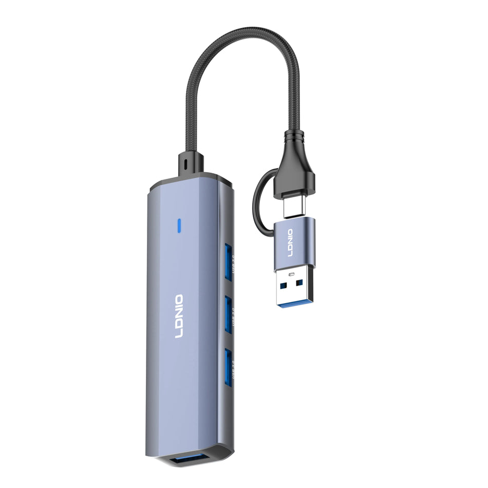 LDNIO DS-114UC 2-in-1 Dual Input Hub with 14cm Cable | 5Gbps High-Speed Data Transfer & Four USB 3.0 Expansion Ports Hybrid Adapter