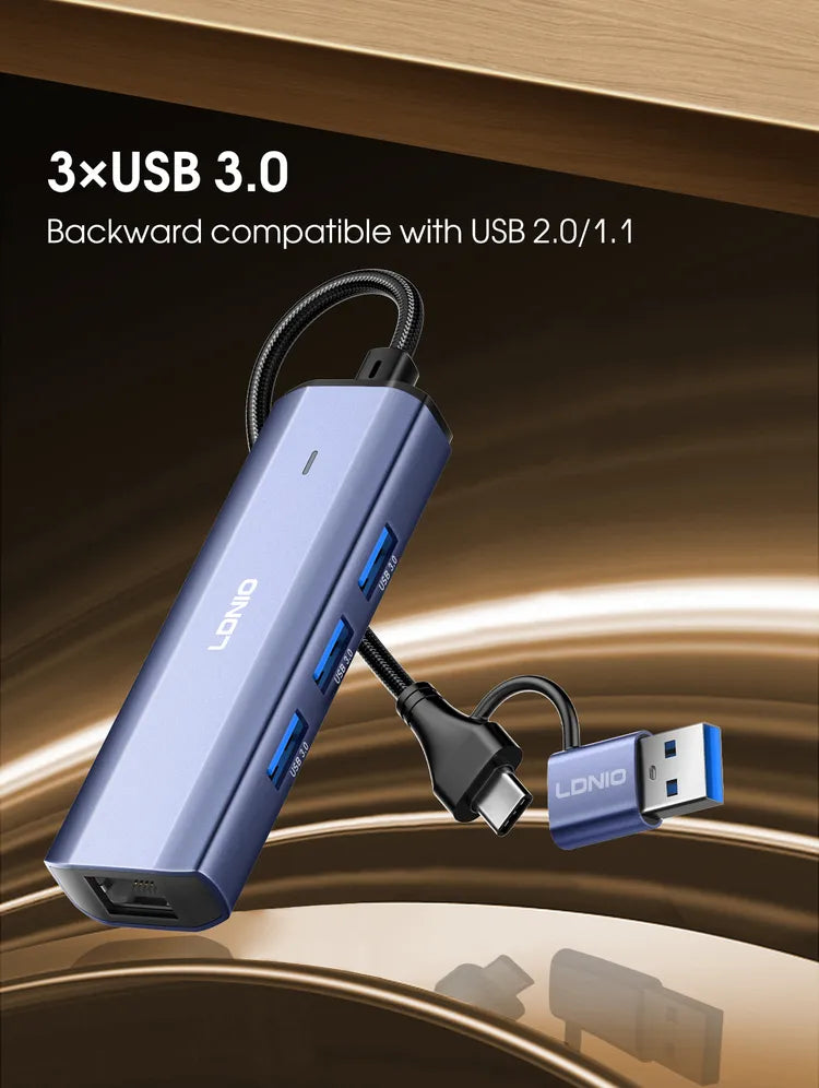 LDNIO DS-124UC | 2-in-1 USB-A & Type-C Hub (14cm) | 3x USB 3.0 + RJ45 Ethernet