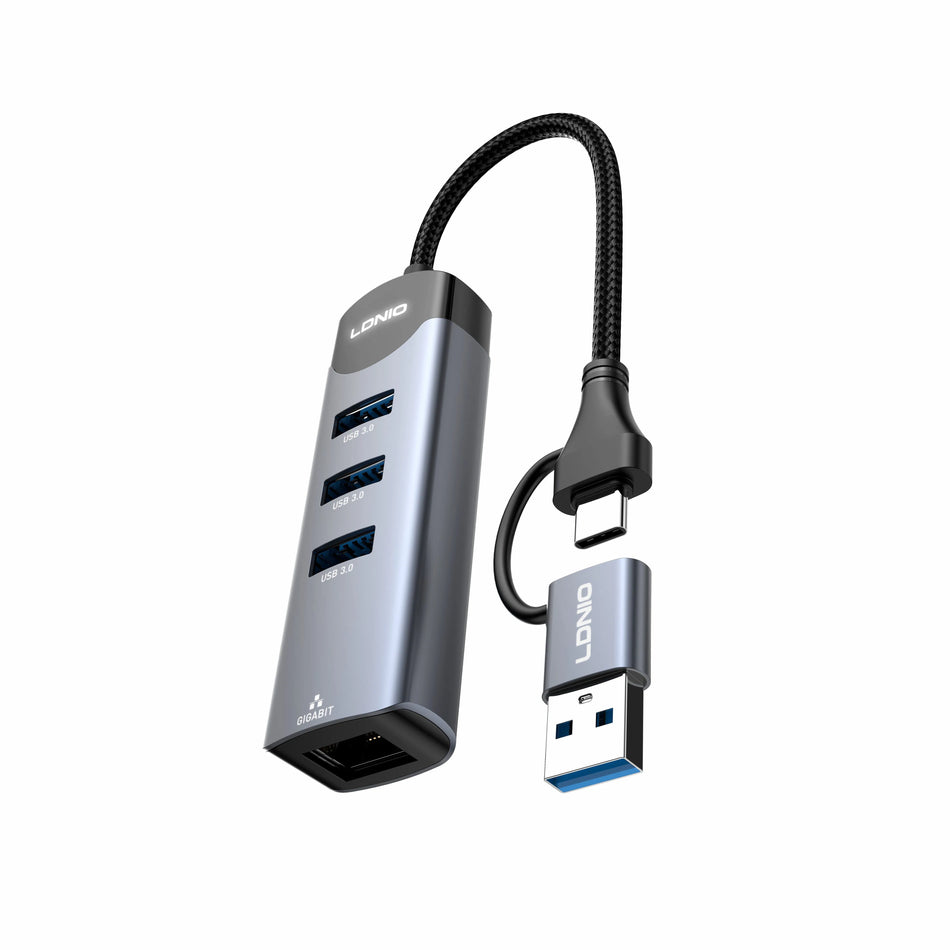 LDNIO DS-144UC | 2-in-1 USB-A & Type-C Hub (14cm) | 3x USB 3.0 + RJ45 Ethernet
