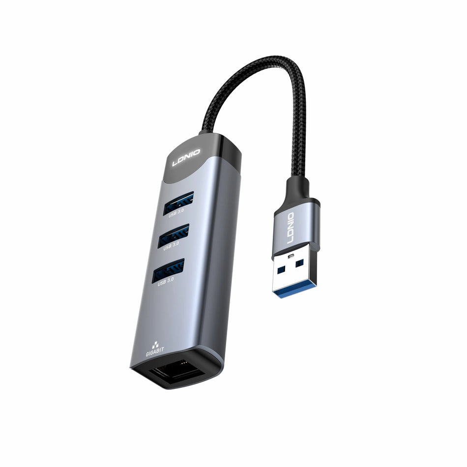 LDNIO DS-144U | 4-in-1 USB-A Network Hub (14cm) | 3x USB 3.0 + RJ45 Ethernet