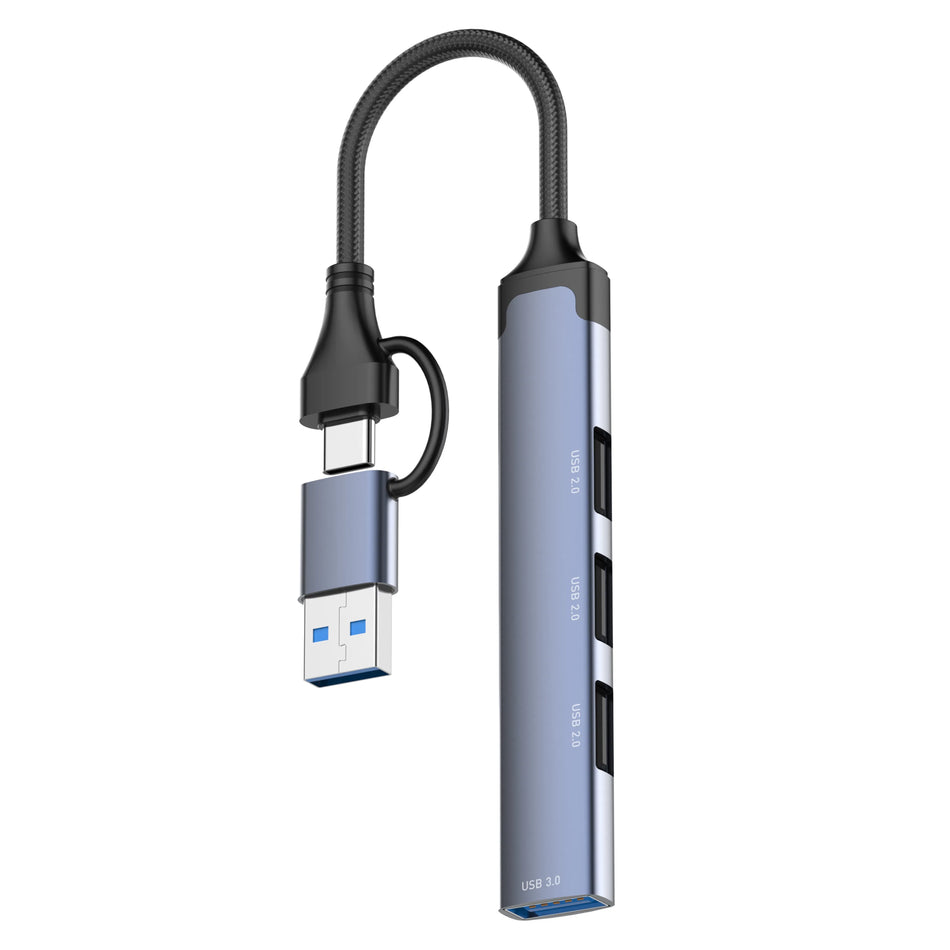 LDNIO DS-64U Hub Adapter Converter, USB + Type C to USB 3.0 & 3x USB 2.0 Ports, Up to 5Gbps Speed, Up to 480Mbps Speed, Aluminum Alloy Material, 0.14M Cable Length