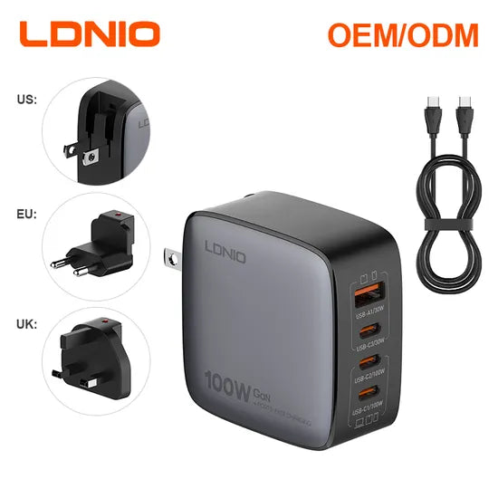 LDNIO Q408 100W GaN 4-Port Super Fast Desktop Charger Hub with Type-C to Type-C Cable (US / UK / EU Interchangeable Plugs Included)