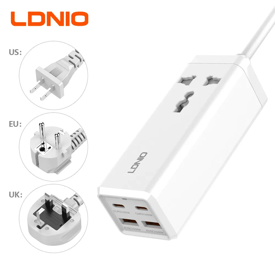 LDNIO SC1418 65W Max GaN 5-in-1 Multifunction Universal Power Strip Desktop Adapter with 1 AC Outlet, 4 USB Ports & 200CM Extension Cord