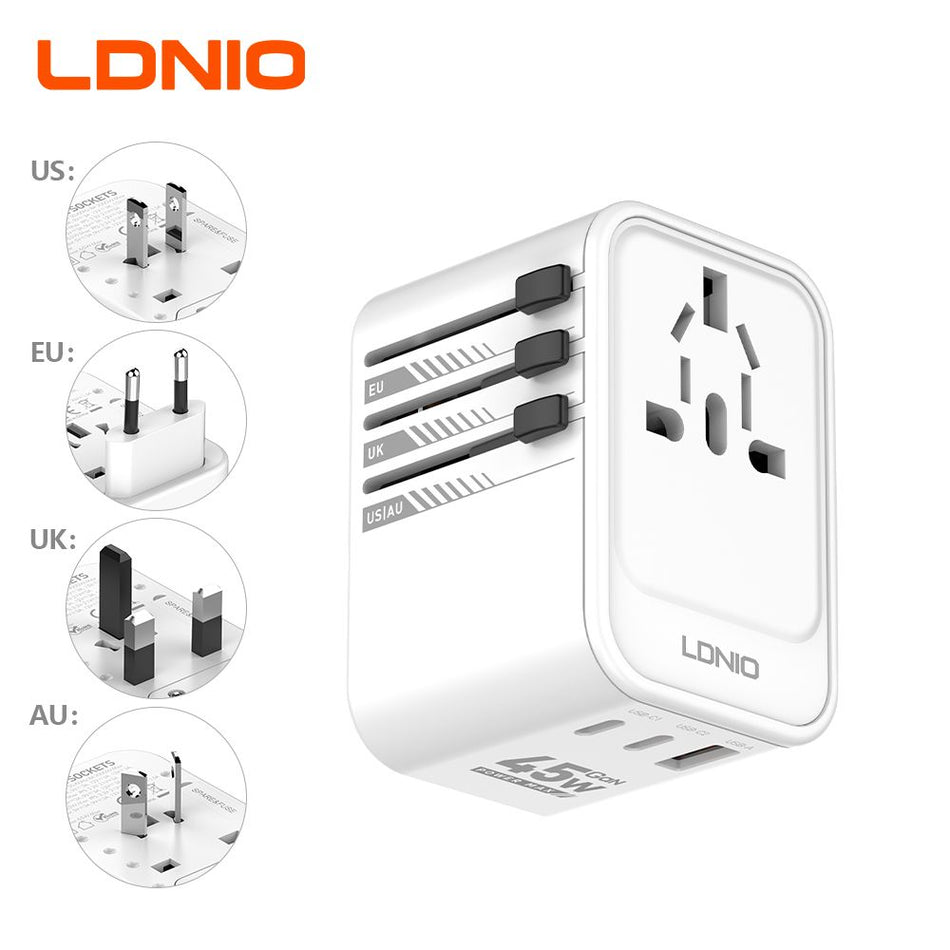LDNIO Z8 All-in-One Universal GaN Travel Adapter | 45W Fast Charging | 3 USB Ports | UK/EU/US/AU Plug Compatibility