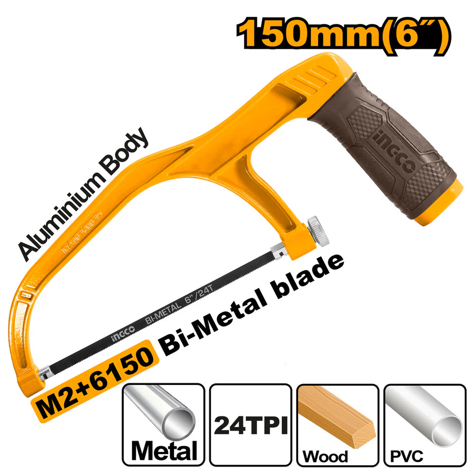 Ingco 150mm Mini Hacksaw Frame | Compact Premium Carbon Steel Blade Hand Saw with Adjustable Tensioning and Ergonomic Handle for Tightly Recessed Cutting (MHHF1503)