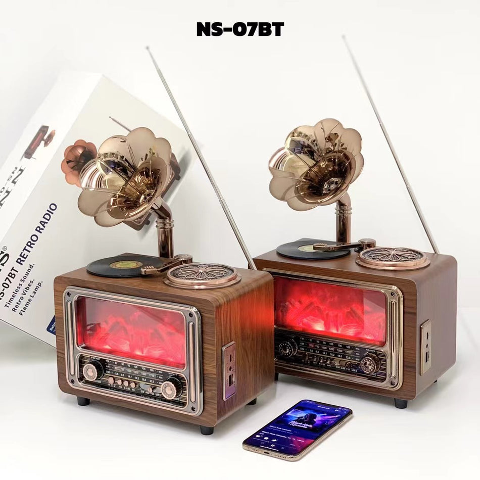 NS-07BT Retro Flame Lamp 15W Portable Bluetooth 5.3 Speaker & AM/FM/SW 3-Band Radio - 1000-2000mAh Home Decor Audio System