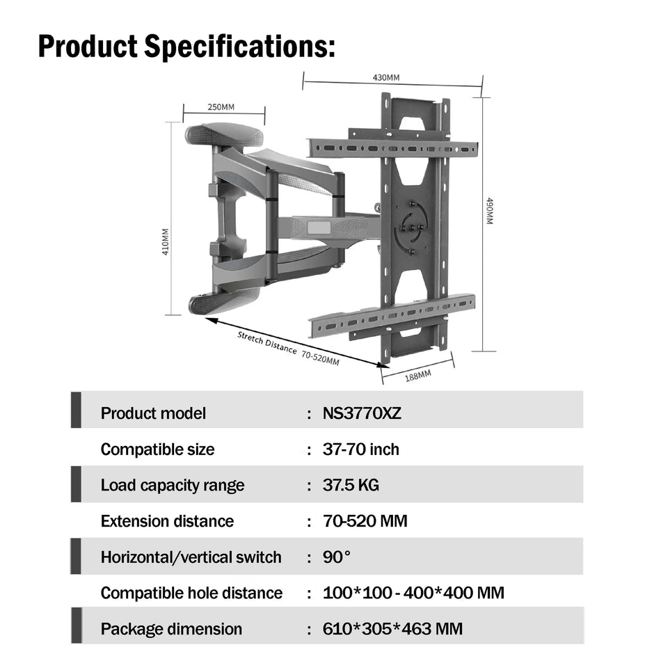 NS-3770XZ 90° Rotation Full-Motion TV Wall Mount – Fits 37" to 70" Screens – Heavy-Duty Cold Rolled Steel