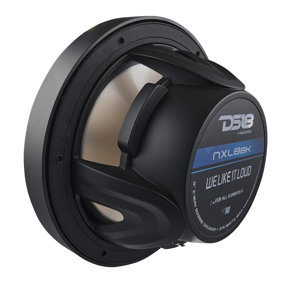 DS18 Hydro NXL8BK 8-Inch 2-Way Marine and Powersports Coaxial Loudspeakers with Integrated RGB LED Lighting, 375 Watts Max, 125 Watts RMS, Waterproof Car, Truck, and Boat Speakers (Pair, Gloss Black)