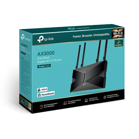 TP-Link Archer AX53 Next-Gen Wi-Fi 6 AX3000 Mbps Gigabit Dual Band Smart Wireless Router, OneMesh Supported, Dual-Core CPU, HomeShield, Ideal for Gaming Xbox/PS4/Steam, Plug and Play (Black)