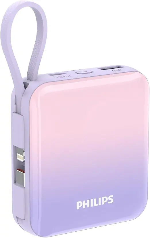 Philips 10000mAh Powerbank Super Mini Series PD 22.5W With Built-in Type-C & Lightning Cables - Compact Travel Charger & Safety Protection - Pink (DLP5713CP/00)