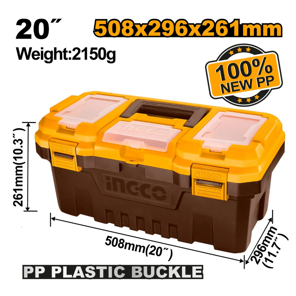 INGCO 20" (508mm) Heavy-Duty Plastic Tool Box – High-Impact Polypropylene Build, Heavy-Duty Metal Buckle Latches, Removable Tool Tray, and Top Organizer Compartments (PBX2002)
