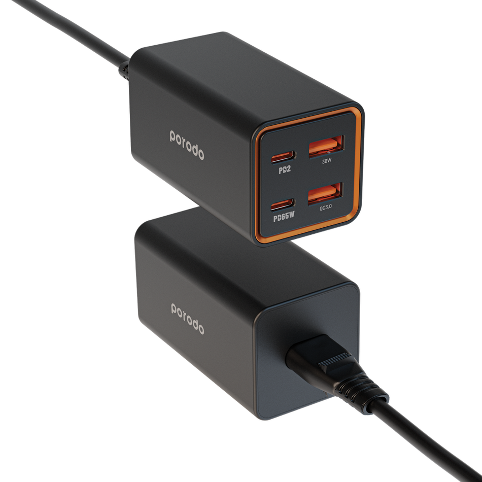 Porodo 65W GaN 4 Ports Desktop Charger Dual USB-C & USB-A Quick Charge - Black (PD-FWCH014-BK)